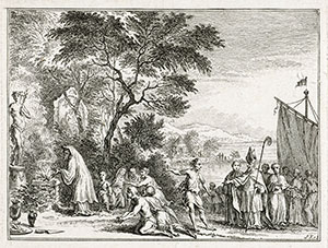 Aankomst van Willibrordus in 691, Simon Fokke, ets, 1784, collectie Rijsmuseum