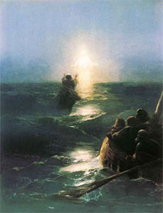 Zodra Petrus Jezus uit het oog verliest, zinkt hij. Ook een samenleving die zich losmaakt van God, zal zinken. Schilderij: Petrus loopt op het water, Ivan Aivazovsky’s, 1888.