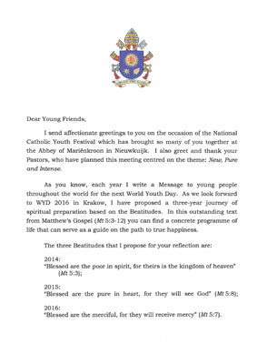 Brief van paus Franciscus aan de deelnemers van het KJD Festival